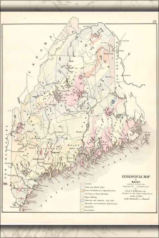 24"x36" Gallery Poster, Geological Map of Maine 1886
