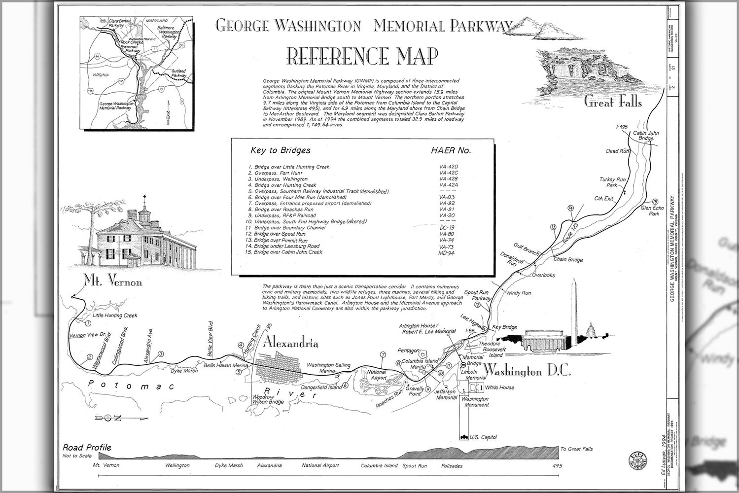 24"x36" Gallery Poster, George Washington Memorial Parkway Map; Mount Vernon Virginia