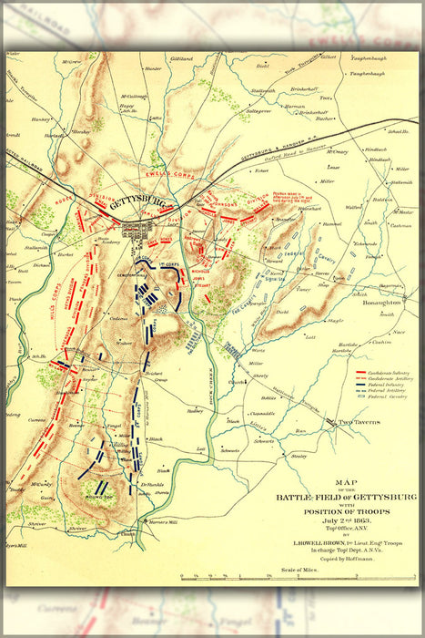 24"x36" Gallery Poster, Gettysburg Topographical Map battle of gettysburg