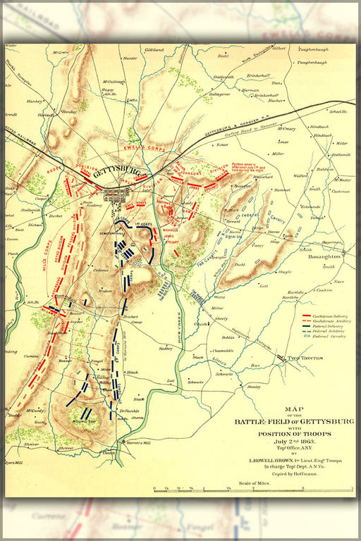 24"x36" Gallery Poster, Gettysburg Topographical Map battle of gettysburg