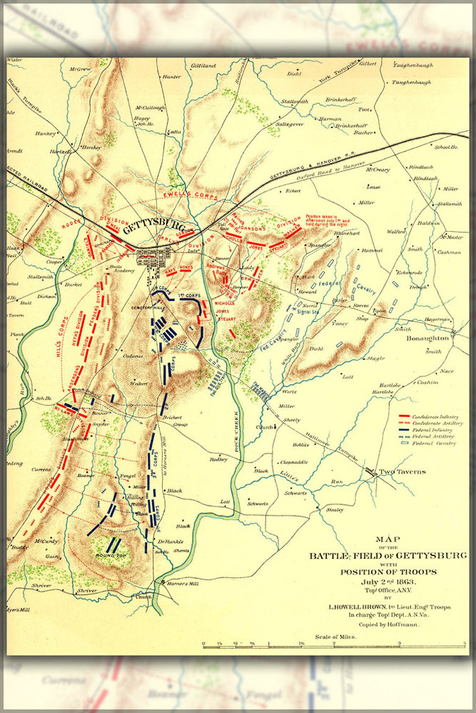24"x36" Gallery Poster, Gettysburg Topographical Map battle of gettysburg