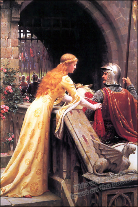 24"x36" Gallery Poster, God Speed! by Edmund Blair Leighton, 1900 a late Victorian view of a lady giving a favour to a knight about to