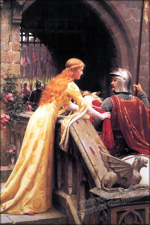 24"x36" Gallery Poster, God Speed! by Edmund Blair Leighton, 1900 a late Victorian view of a lady giving a favour to a knight about to