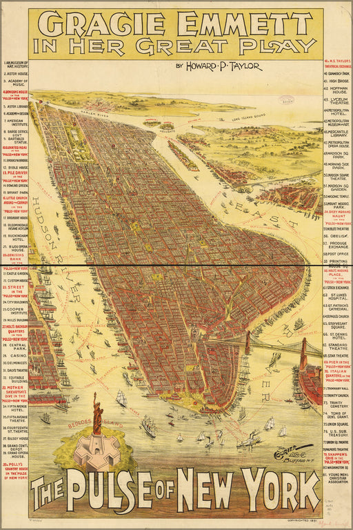 24"x36" Gallery Poster, Gracie Emmett map of New York city 1891