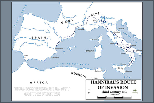 24"x36" Gallery Poster, Hannibal barca invasion of roman empire route of invasion