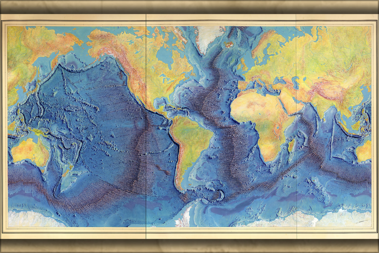 24"x36" Gallery Poster, Heezen-Tharp World ocean floor map by Berann 1977