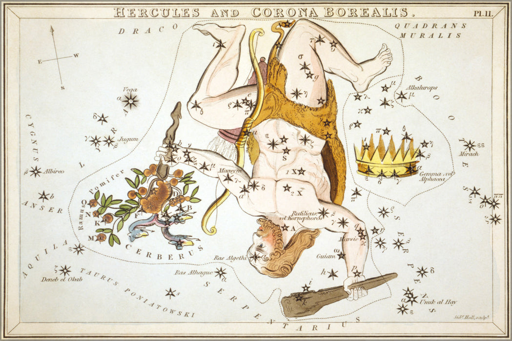 24"x36" Gallery Poster, Hercules Corona Borealis constellation astronomy map 1825