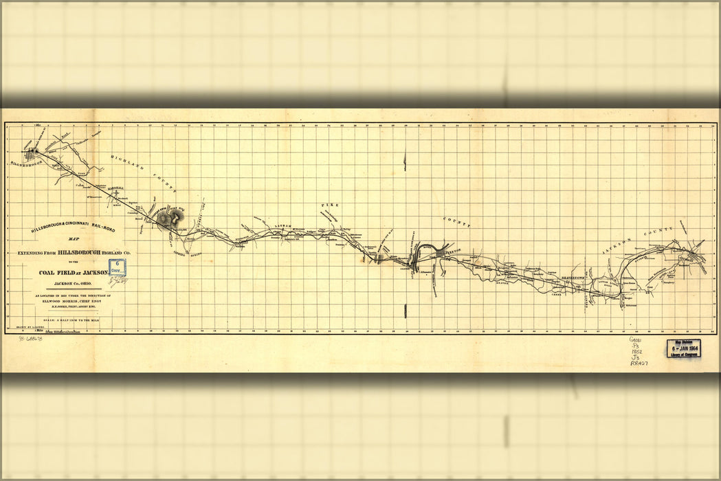 24"x36" Gallery Poster, Hillsborough & Cincinnati Railroad map west 1852