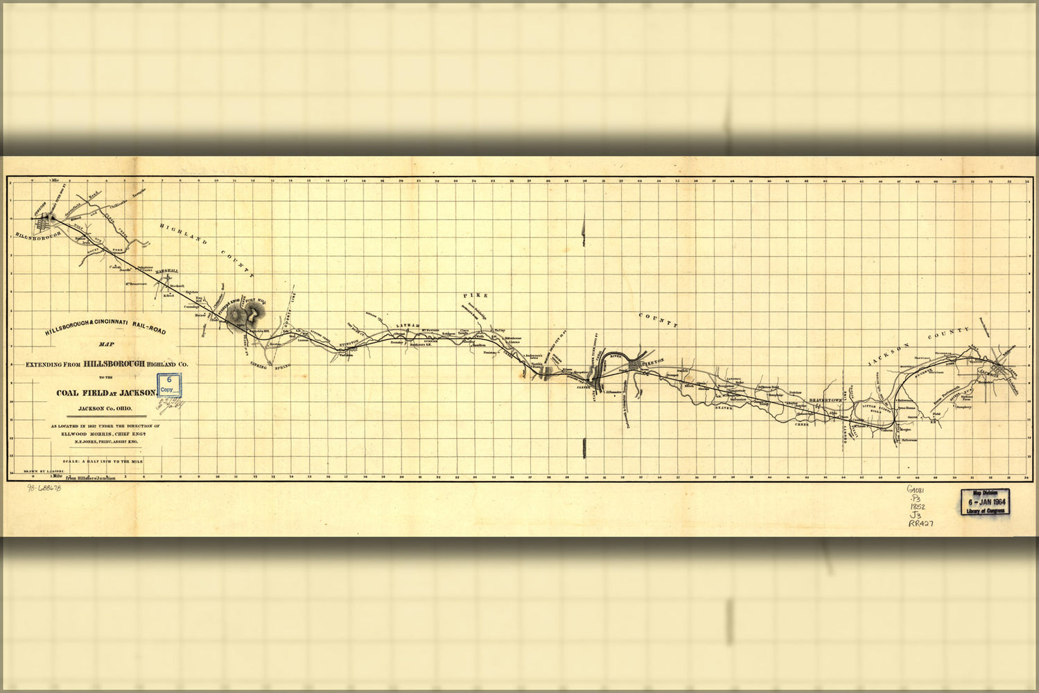 24"x36" Gallery Poster, Hillsborough & Cincinnati Railroad map west 1852