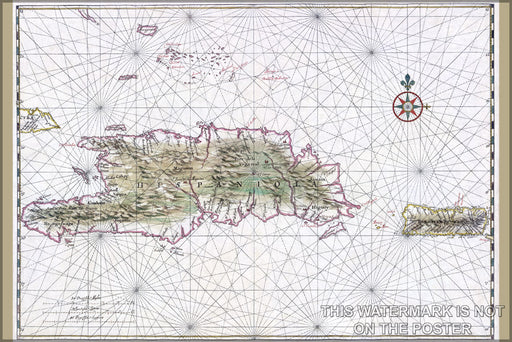 24"x36" Gallery Poster, Hispaniola and Puerto Rico map c1639 by johannes vingboons