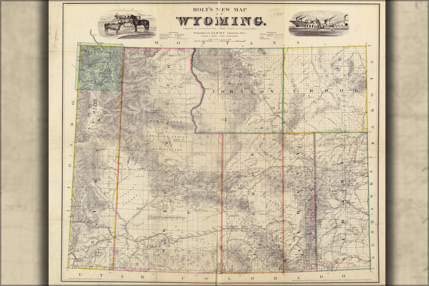 24"x36" Gallery Poster, Holt's new map of Wyoming 1883