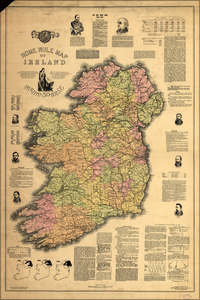 24"x36" Gallery Poster, Home Rule Map of Ireland 1893