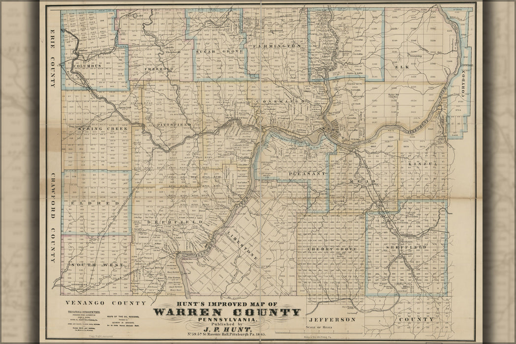 24"x36" Gallery Poster, Hunt's map of Warren County, Pennsylvania 1865