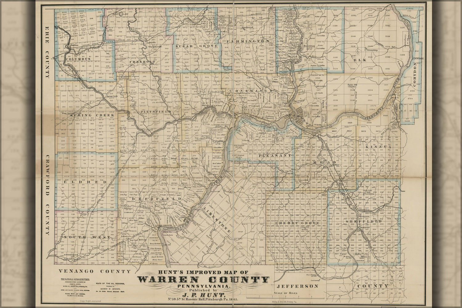24"x36" Gallery Poster, Hunt's map of Warren County, Pennsylvania 1865