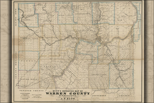 24"x36" Gallery Poster, Hunt's map of Warren County, Pennsylvania 1865