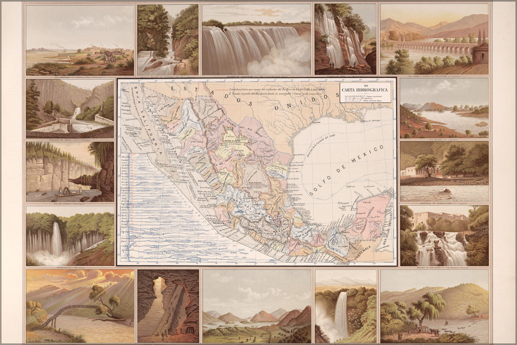 24"x36" Gallery Poster, Hydrographic map of mexico 1885