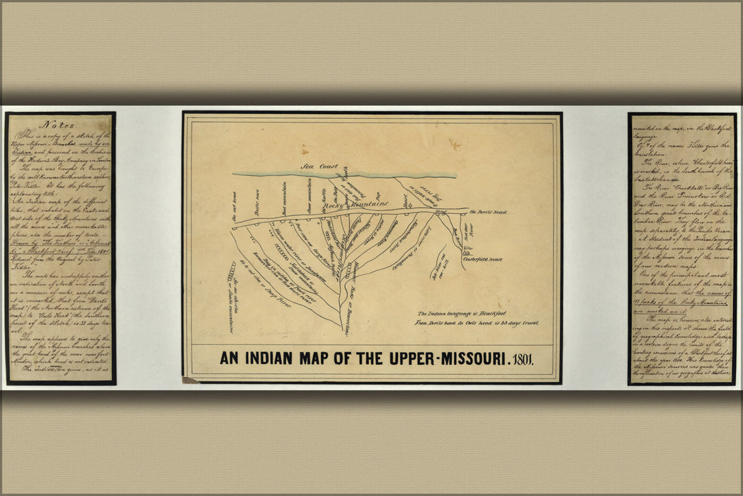 24"x36" Gallery Poster, Indian map of the Upper Missouri river, 1801
