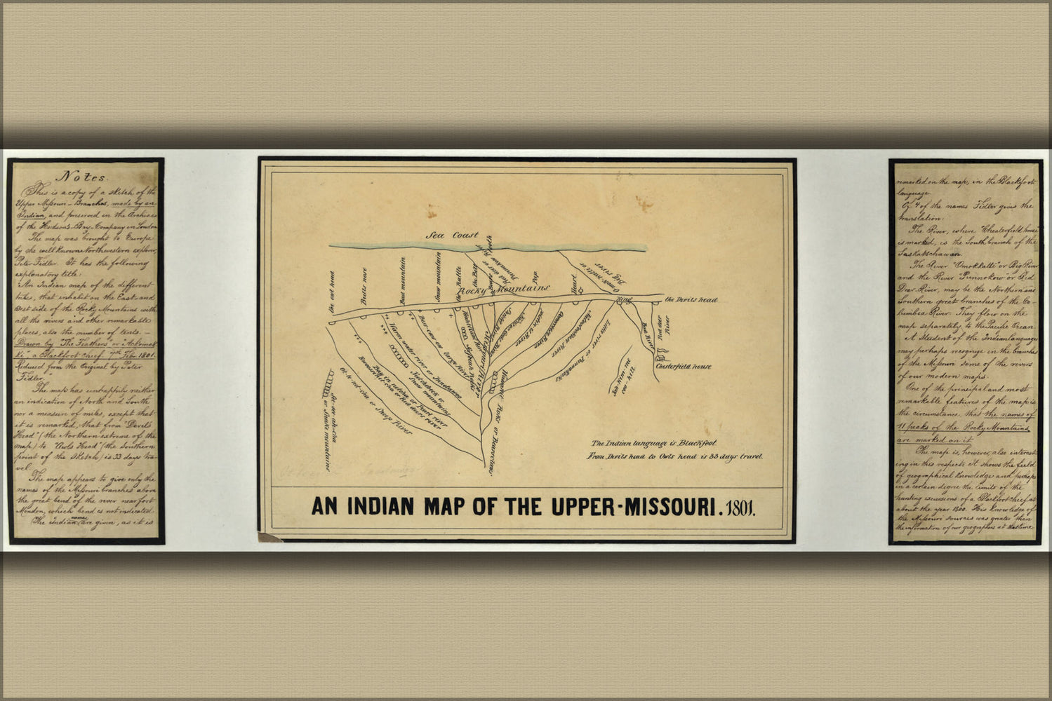 24"x36" Gallery Poster, Indian map of the Upper Missouri river, 1801