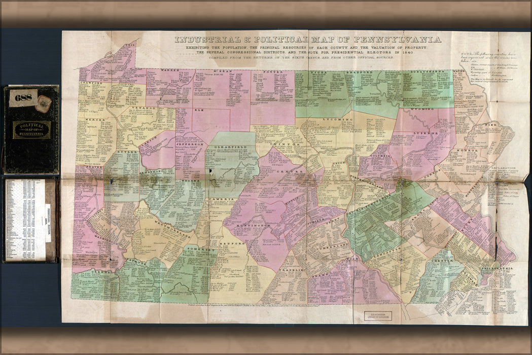 24"x36" Gallery Poster, Industrial & political map of Pennsylvania 1844