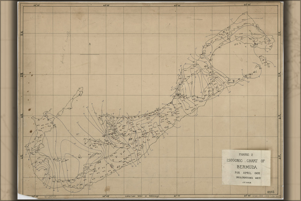 24"x36" Gallery Poster, Isogonic map of Bermuda for April 1905