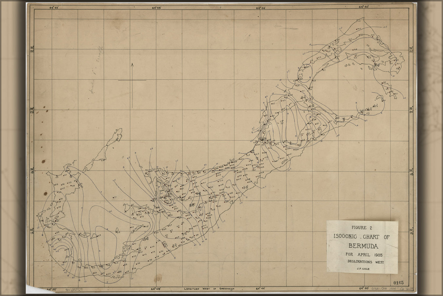 24"x36" Gallery Poster, Isogonic map of Bermuda for April 1905