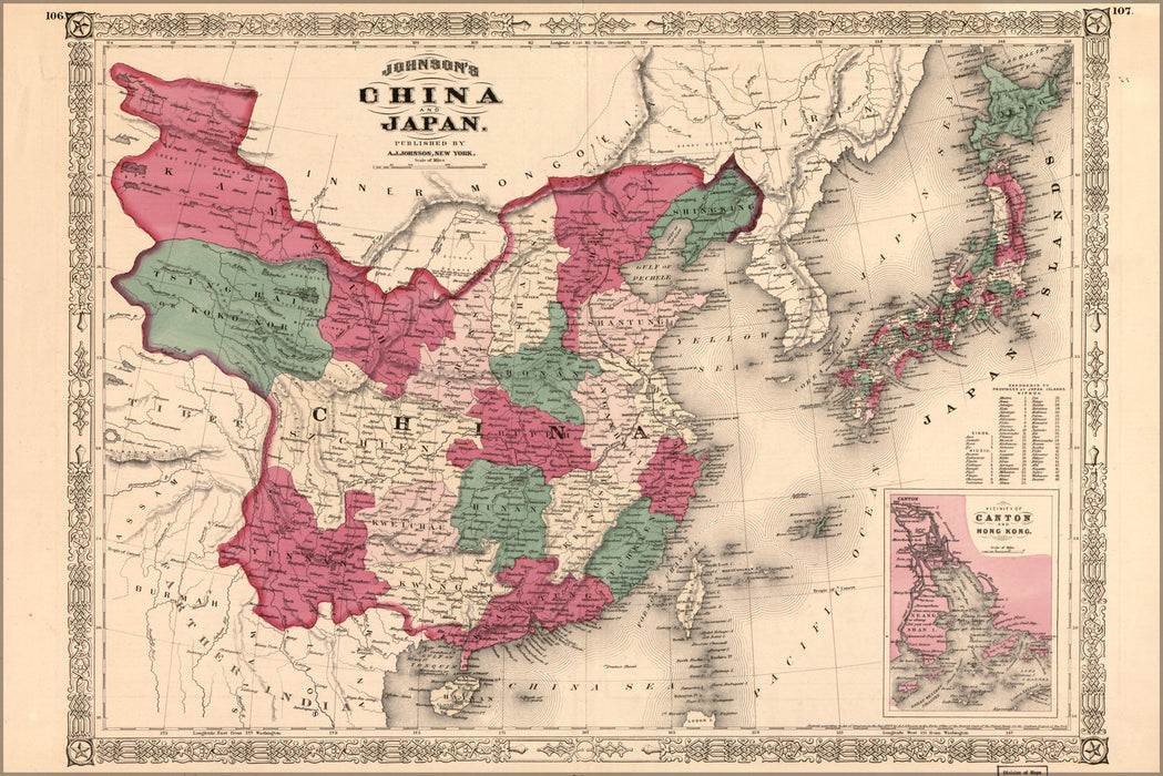 24"x36" Gallery Poster, Johnsons map of China and Japan 1869
