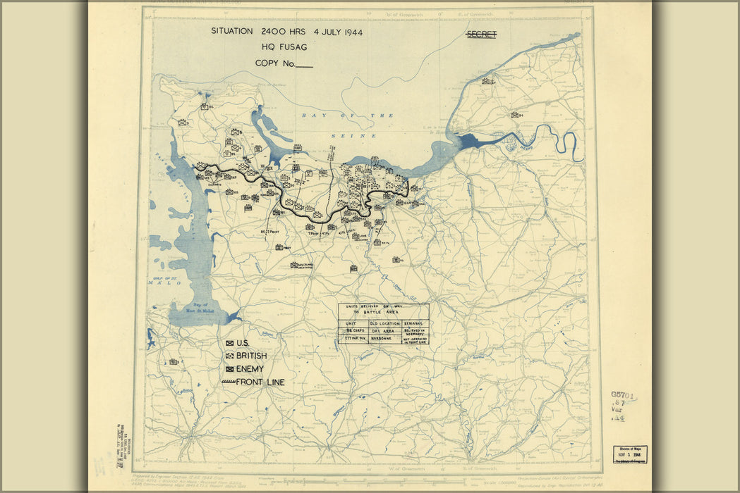 24"x36" Gallery Poster, July 4, 1944 battle of normandy map