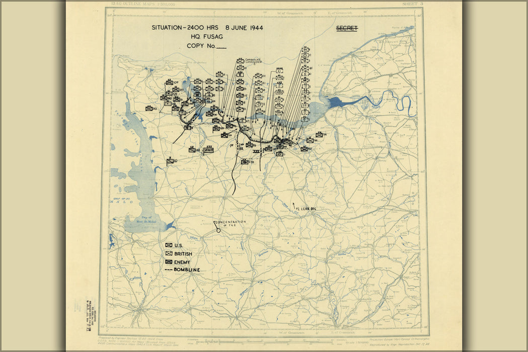 24"x36" Gallery Poster, June 8, 1944 battle of normandy map