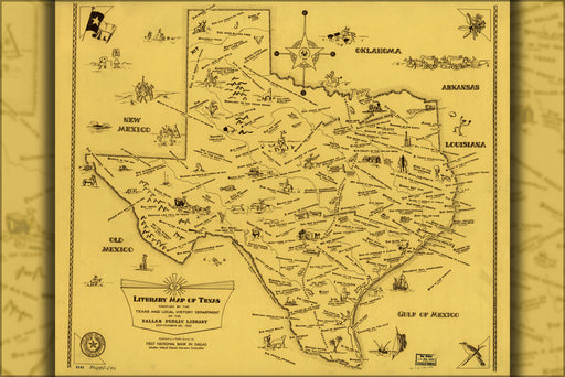 24"x36" Gallery Poster, Literary map of Texas 1955