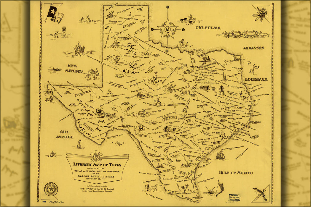 24"x36" Gallery Poster, Literary map of Texas 1955