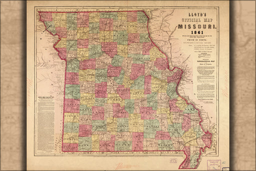 24"x36" Gallery Poster, Lloyd's official map of Missouri 1861