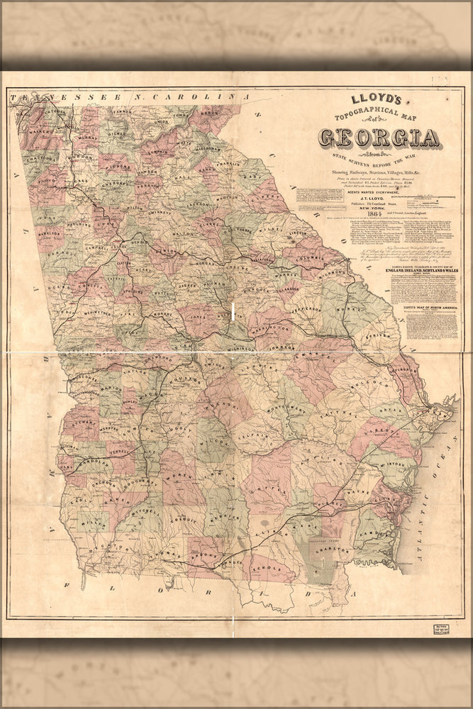 24"x36" Gallery Poster, Lloyds Topographical map of Georgia 1864