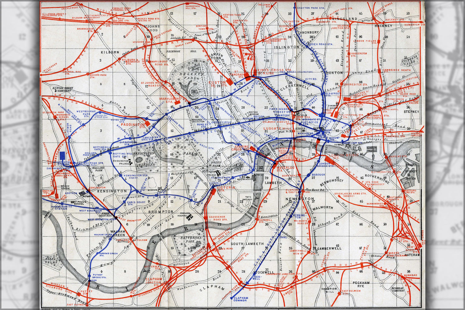 24"x36" Gallery Poster, London metro map of 1907 railroads & metrolines