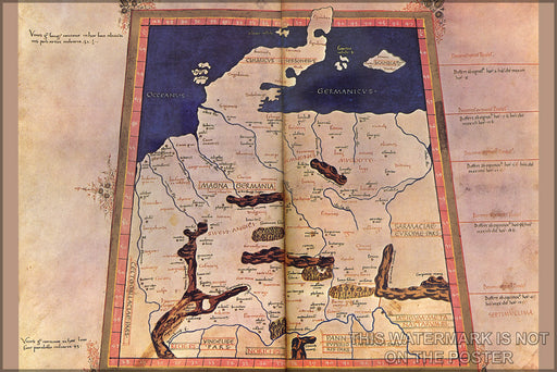 24"x36" Gallery Poster, Magna Germania Map; Artist Nicolaus Germanus 1400s