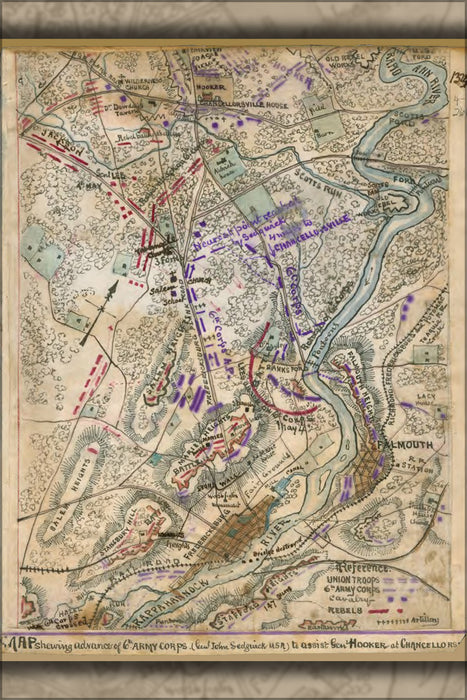24"x36" Gallery Poster, Map 6th Army to Gen Hooker Chancellorsville 1865