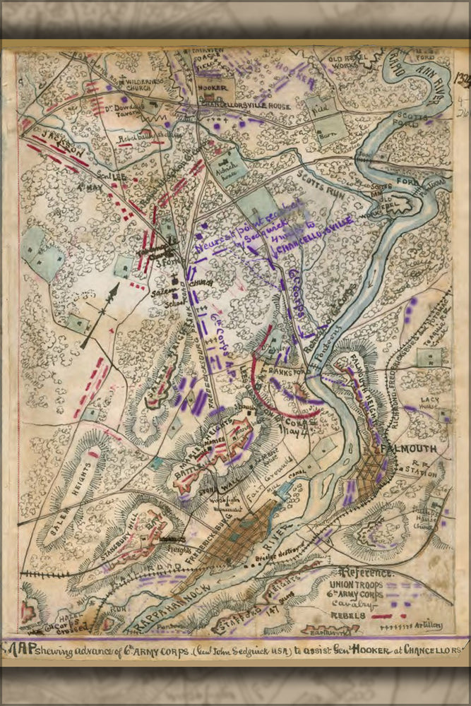 24"x36" Gallery Poster, Map 6th Army to Gen Hooker Chancellorsville 1865