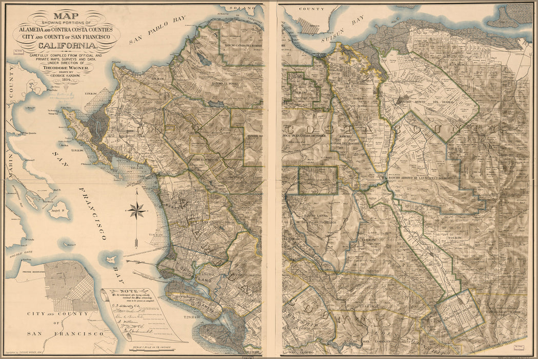 24"x36" Gallery Poster, Map Alameda Contra Costa San Francisco 1894