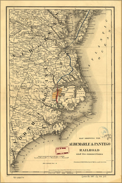 24"x36" Gallery Poster, Map Albemarle & Pantego Railroad 1887