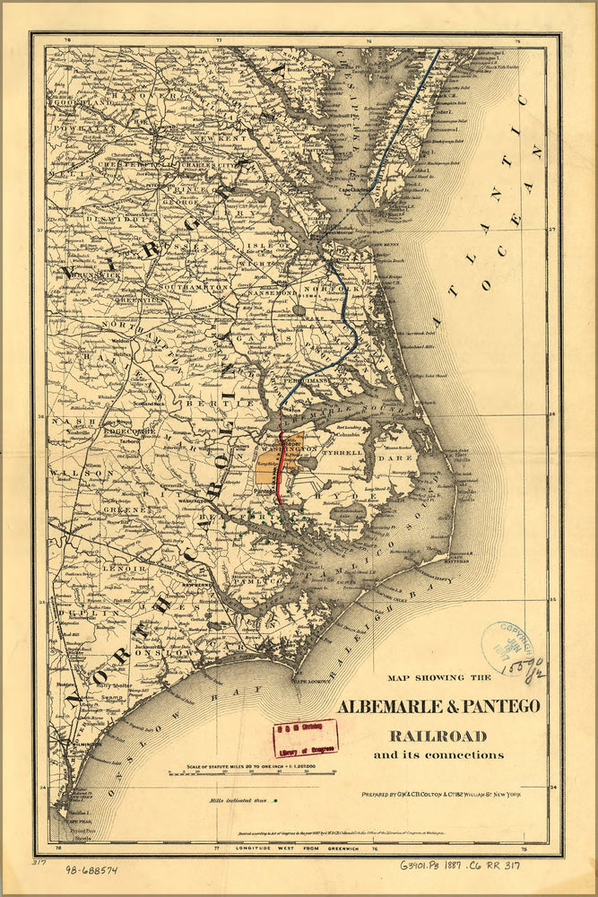 24"x36" Gallery Poster, Map Albemarle & Pantego Railroad 1887