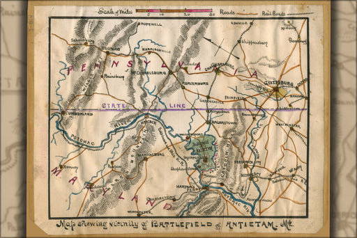 24"x36" Gallery Poster, Map Antietam battle field vicinity Maryland 1862