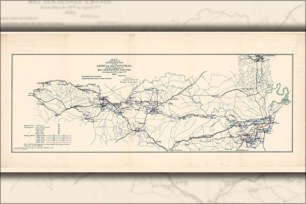24"x36" Gallery Poster, Map Army of Potomac General Meade mar Apr 1865