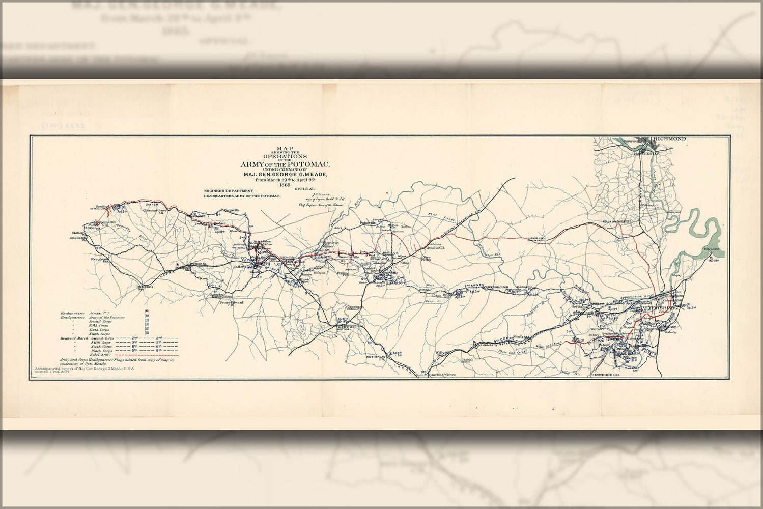 24"x36" Gallery Poster, Map Army of Potomac General Meade mar Apr 1865