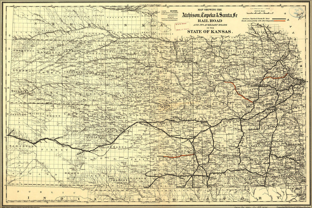 24"x36" Gallery Poster, Map Atchison Santa Fe RailRoad kansas 1886