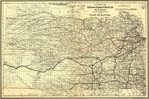 24"x36" Gallery Poster, Map Atchison Santa Fe RailRoad kansas 1886