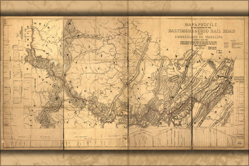 24"x36" Gallery Poster, Map Baltimore & Ohio Railroad to Wheeling 1850