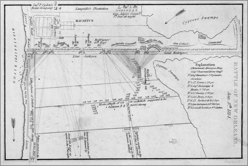 24"x36" Gallery Poster, Map Battle of New Orleans 1815