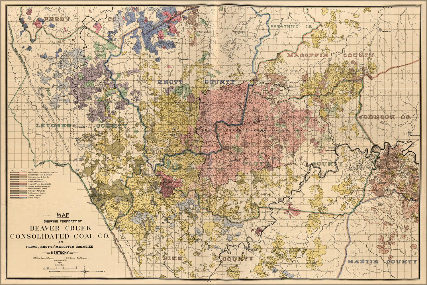 24"x36" Gallery Poster, Map Beaver Creek Cons. Coal Co. Kentucky 1910