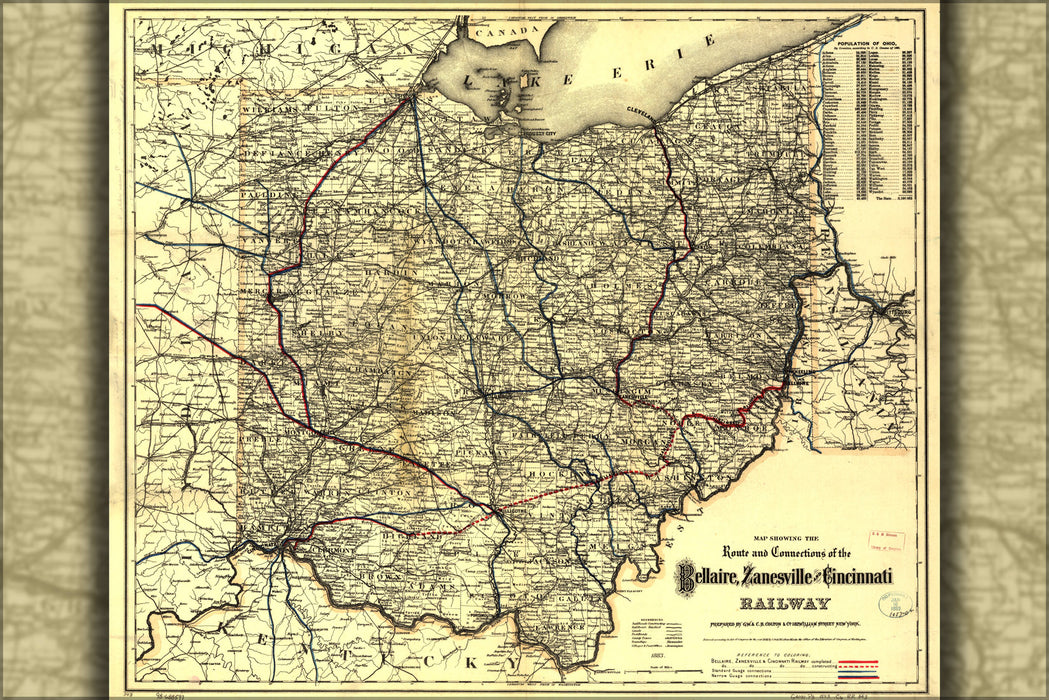 24"x36" Gallery Poster, Map Bellaire Zanesville Cincinnati Railroad 1883
