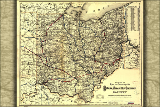 24"x36" Gallery Poster, Map Bellaire Zanesville Cincinnati Railroad 1883