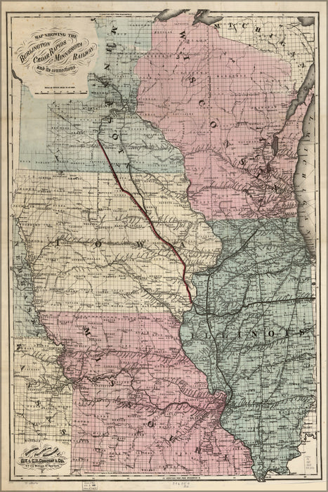 24"x36" Gallery Poster, Map Burlington Cedar Rapids railroad 1868